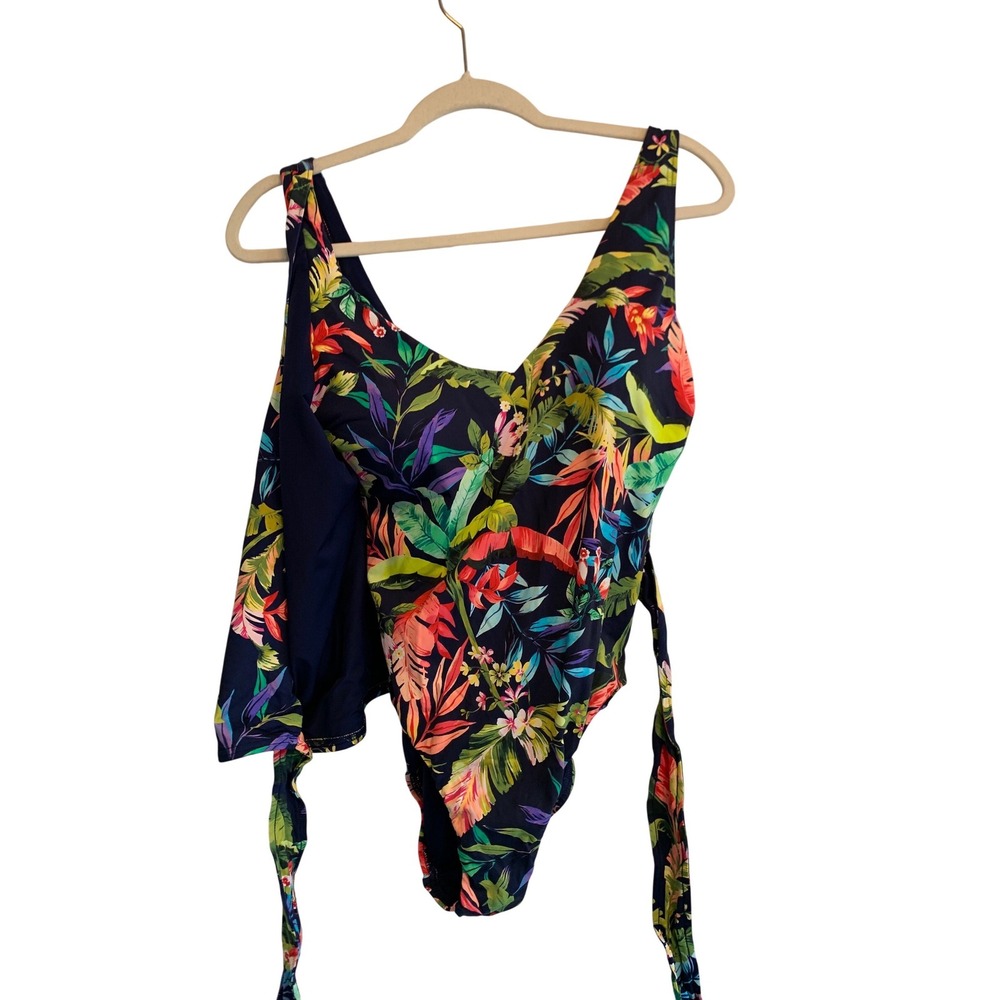 Lands End Women's Sz 10 Tropical Floral Wrap One Piece Swimsuit Navy Blue - Picture 7 of 7